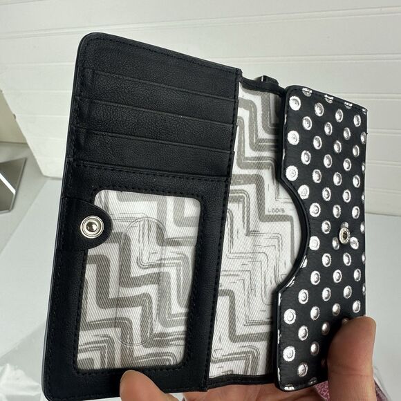 LODIS Black Silver Polka Dots Leather Bifold Wristlet Zip Coin Pouch Card Slots - Picture 4 of 8